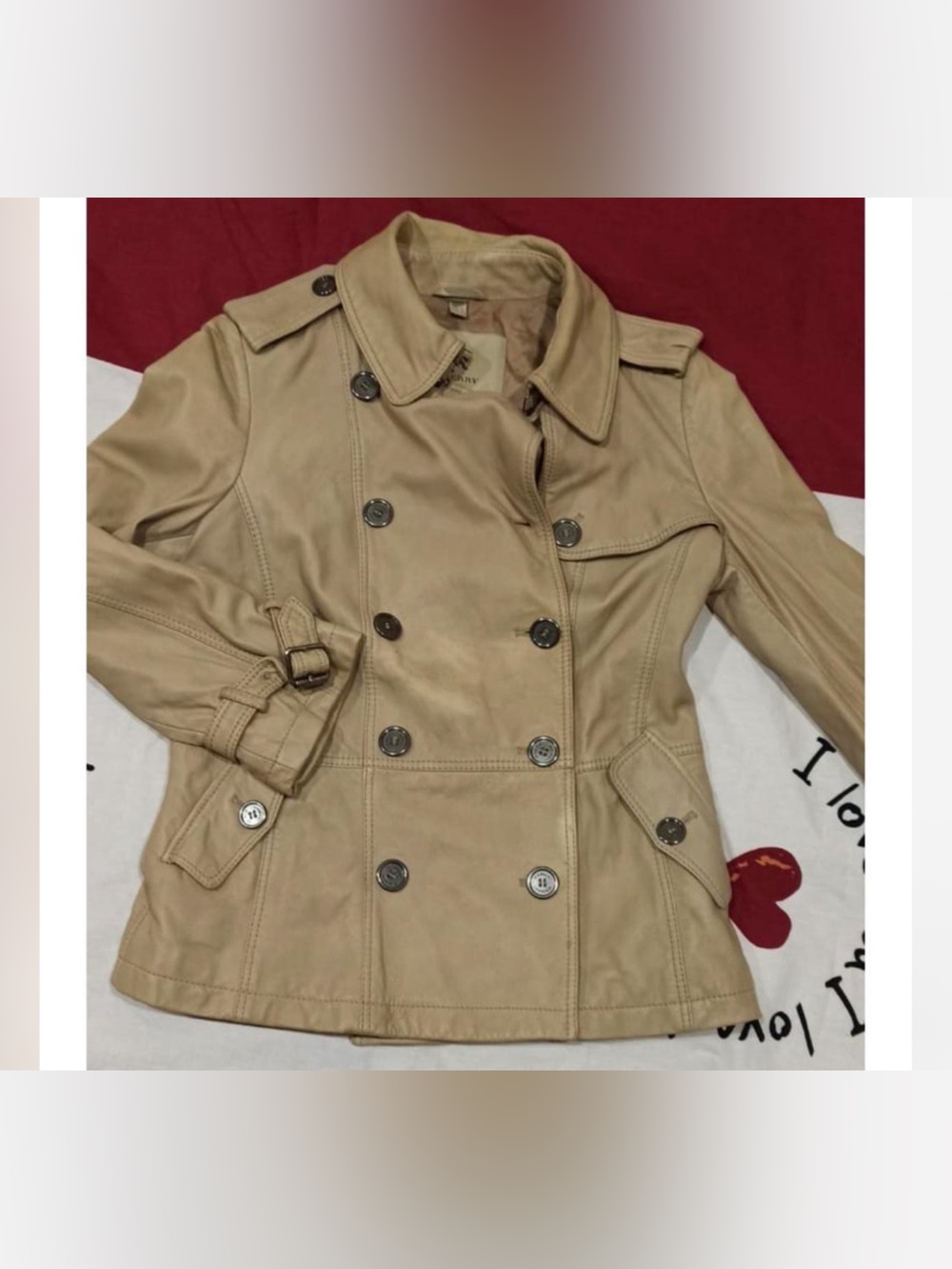 Burberry Tan Double-Breasted Short Trench Coat (Leather)